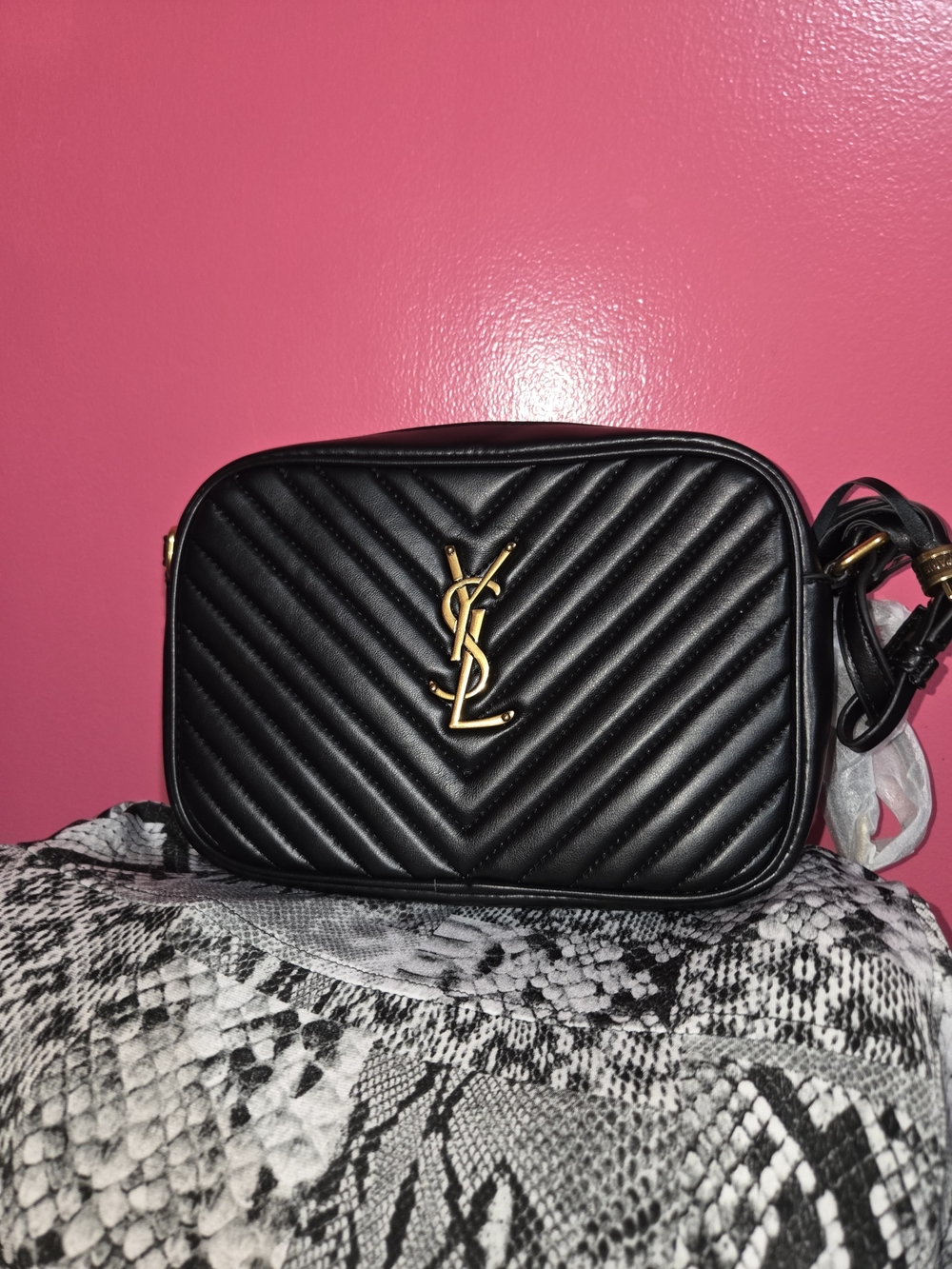 Black Quilted Camera Bag with Gold Logo